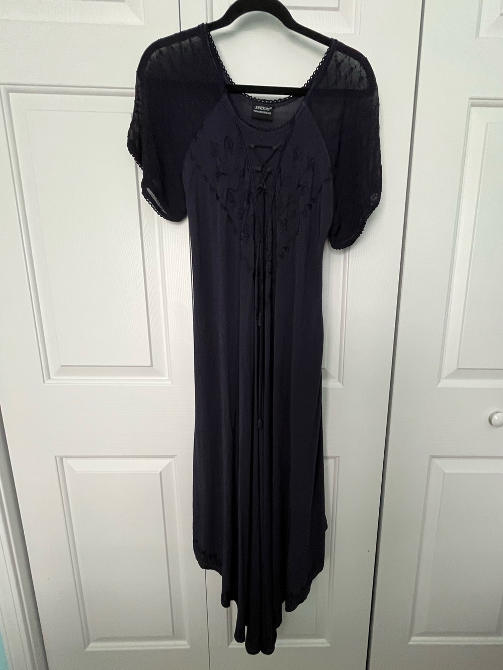 Women's Long Embroidered Flowy Dress With Embroidered Cap Sleeves